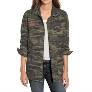 Caslon Women's Embroidered Olive Green‎ Camo button up collared jacket size SM